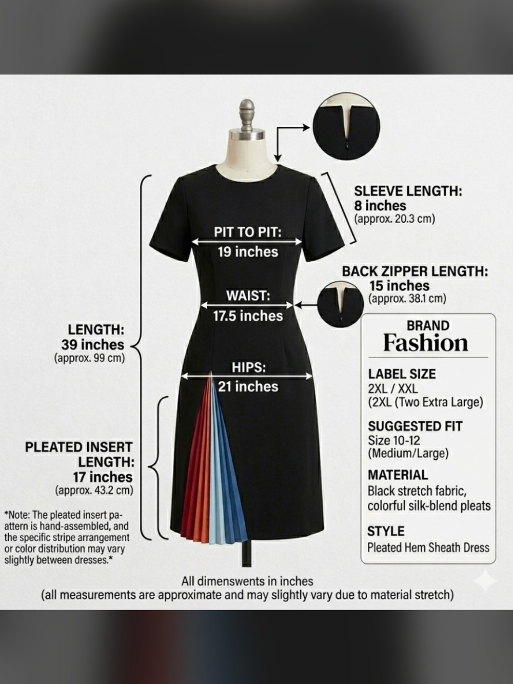 Elegant Black Sheath Dress with Colorful Pleated Insert – Size 12